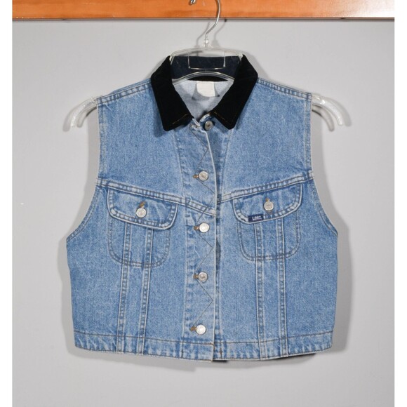 Lee Jackets & Blazers - Vintage 90s Lee Blue Denim Jean Black Velvet Collar Cropped Vest Sz M
